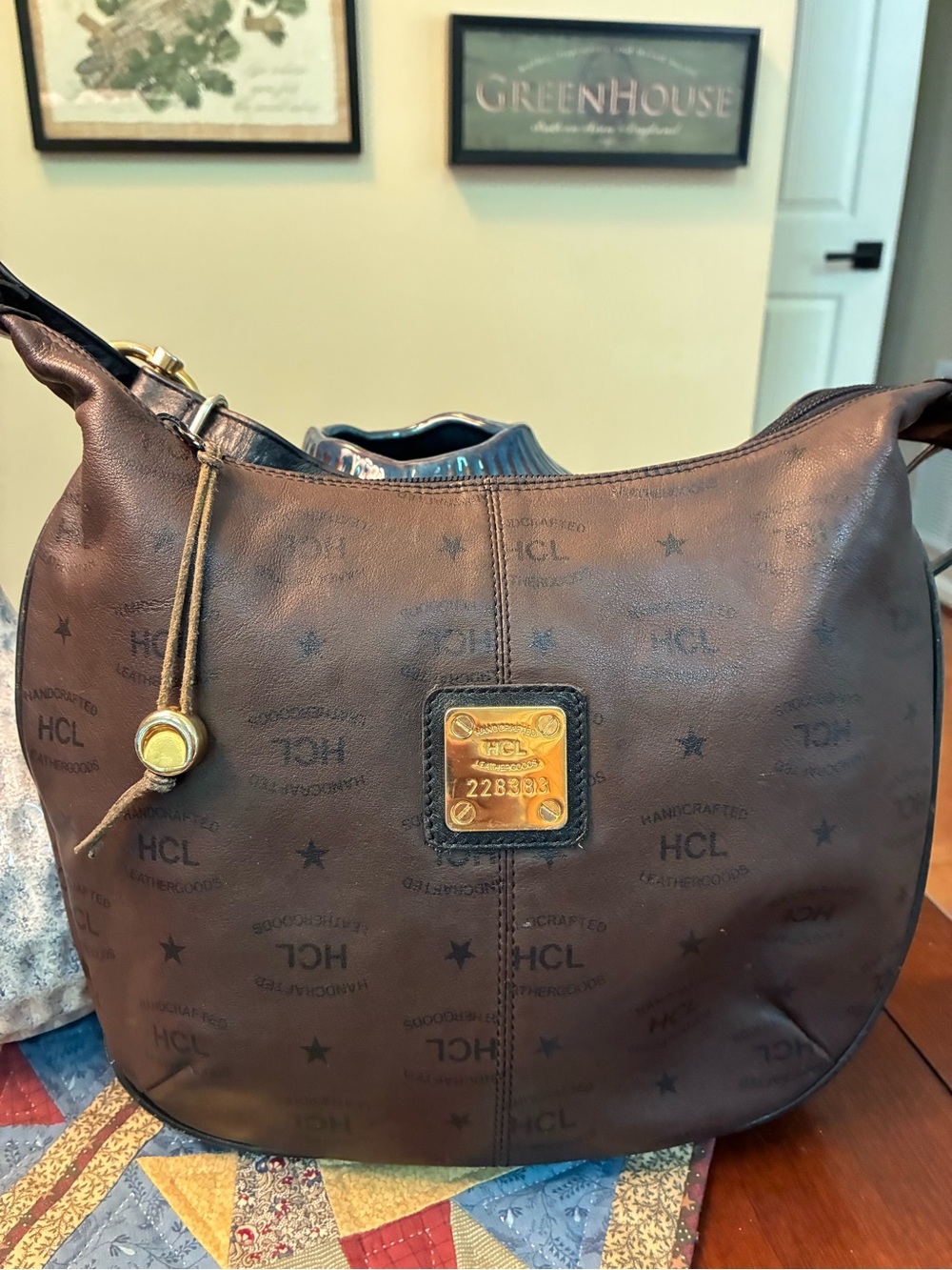 Brown Logo-Print Shoulder Bag with Gold Plate